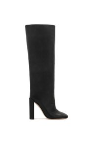 Black leather knee-high boot with a pointed toe and a chunky high heel. Smooth texture and minimalistic design with a sleek silhouette.