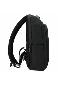 Zaino nero realizzato in materiale testurizzato, con un design slim, spallacci regolabili e tasche con zip sui lati e sul davanti.