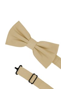 Beige Fliege aus glattem Stoff, mit einer breiten Schleife und einem passenden verstellbaren Band mit einer schwarzen Schnalle.