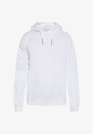 Hoodie blanc en tissu doux, doté d'une capuche avec cordon de serrage, de manches longues et de poignets côtelés. "STREET STYLE" imprimé en bleu sur les cordons.