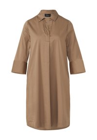 Abito camicia in cotone marrone con colletto, mezza patta e maniche a tre quarti. Tessuto liscio e silhouette leggermente ampia.