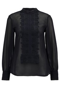 Blouse noire transparente à manches longues avec panneau en dentelle à l'avant, col montant et poignets ajustés.