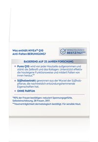 NIVEA Q10 anti-wrinkle cream package, white with blue text, featuring chemical composition details, dermatological certification mark, and key ingredients.