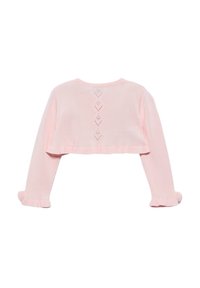 Maglione cropped rosa chiaro con maniche lunghe, caratterizzato da un retro testurizzato con motivi a diamante e orli delle maniche arricciati.