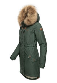Green parka with faux fur-lined hood, drawstring waist, and buttoned pockets. Features brown accents and a warm, textured fabric.