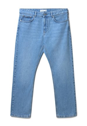 Hellblaue Jeans mit geradem Bein, vorderem Knopf, Reißverschluss, Gürtelschlaufen und klassischem Fünf-Taschen-Design.