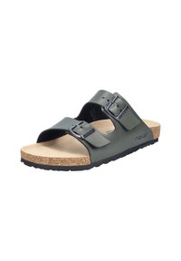 Grüne Sandalen mit zwei Riemen aus synthetischem Leder, ausgestattet mit Metallsteckschließen und einem Korkfußbett. Schwarze Gummisohle mit strukturiertem Muster.