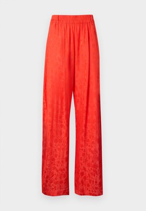 Felrode, wijde broek met elastische tailleband en subtiel bloemenjacquardpatroon op een lichtgewicht stof.