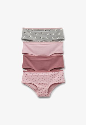 Vier Mädchenunterhosen in gestapelter Anordnung: grau mit Pandamuster, hellrosa, staubiges Rosa und pink mit kleinen Herzen.