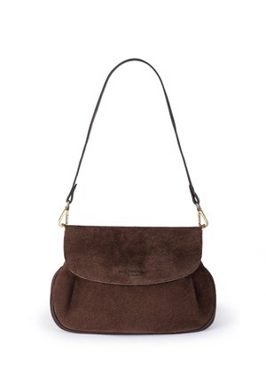 Dark brown suede shoulder bag with flap closure and thin adjustable strap, featuring subtle embossed brand logo on the front.
