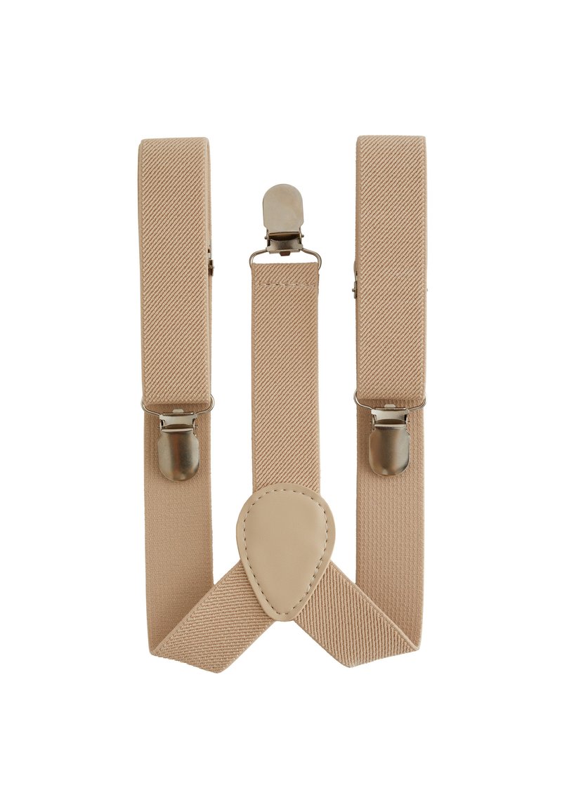 Beige šle s texturovanou tkaninou, vybavené kovovými klipy pro uchycení a hladkým koženým spojovacími dílem ve středu.