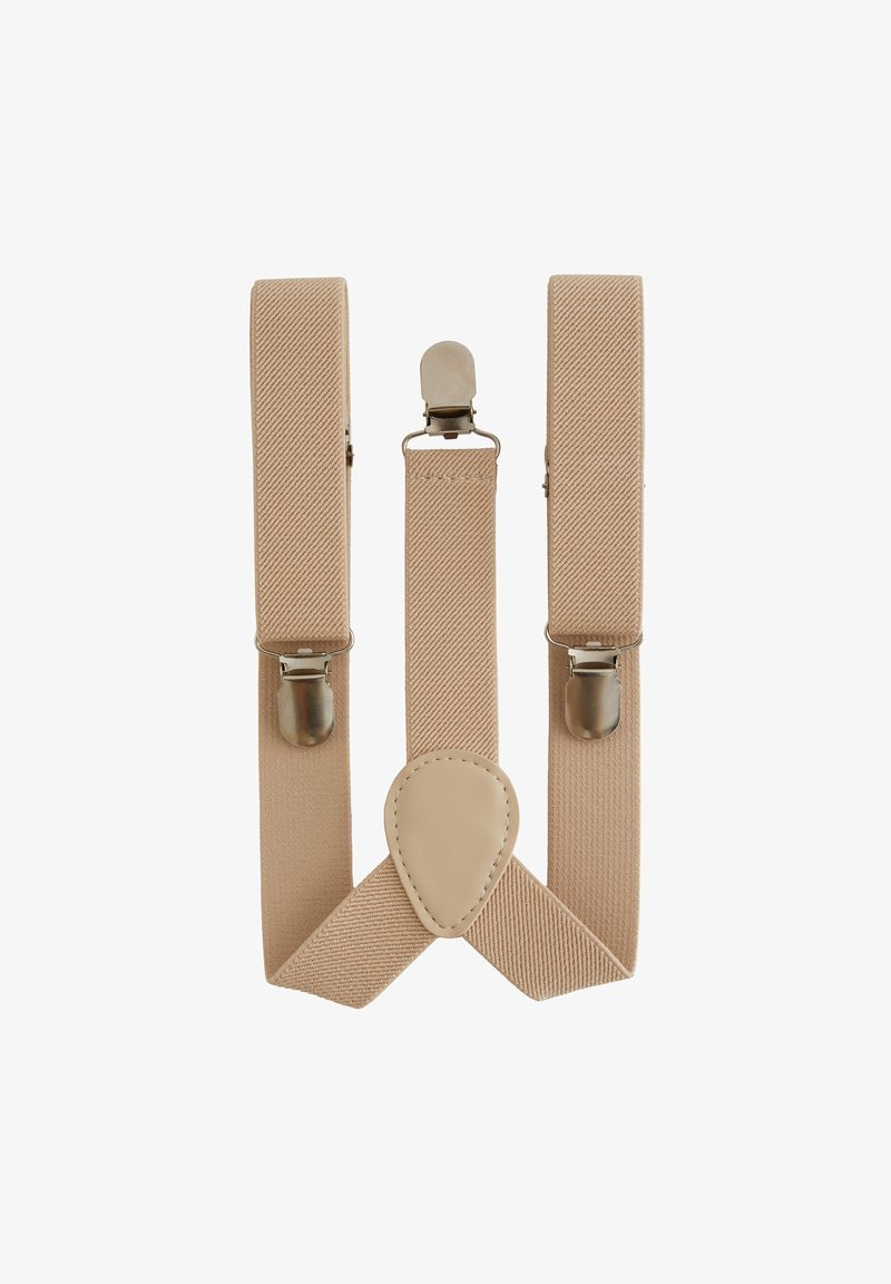 Šviesiai smėliniai petnešų dirželiai su tekstūruotu audiniu, turintys metalinius užsegimus pritvirtinimui ir lygų odinį jungties elementą centre.