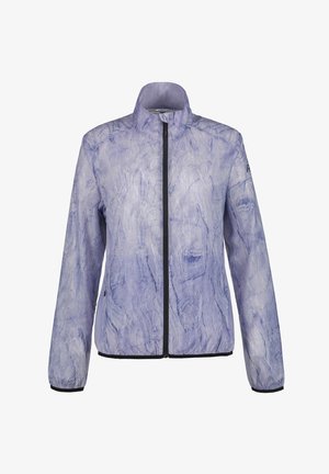 Leichte lila Jacke mit marmoriertem Muster, schwarzem Reißverschluss und Bündchen. Sie hat einen Stehkragen und lange Ärmel.