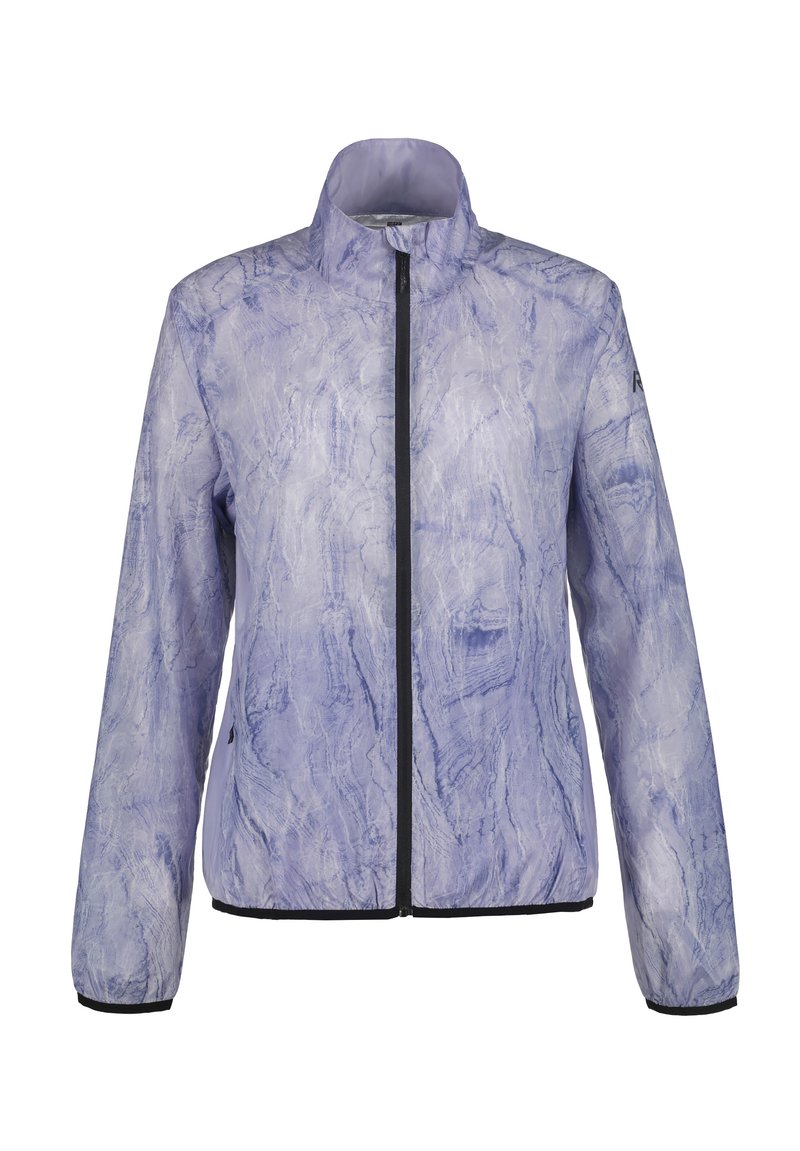 Leichte lila Jacke mit marmoriertem Muster, schwarzem Reißverschluss und Bündchen. Sie hat einen Stehkragen und lange Ärmel.