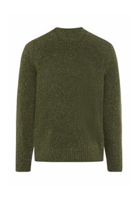 Olivgrüner Pullover mit einem strukturierten Strickmuster, geripptem Rundhalsausschnitt und Bündchen. Der Stoff weist durchgehend vereinzelte hellere Farbtöne auf.