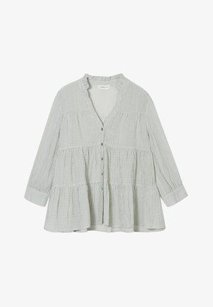 Groen en wit gestreepte blouse met peplumontwerp, lange mouwen, V-hals, knopen aan de voorkant en een zachte katoenen textuur.