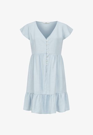 Light blue short-sleeve dress with V-neck, front buttons, fitted waist, and ruffled hem.