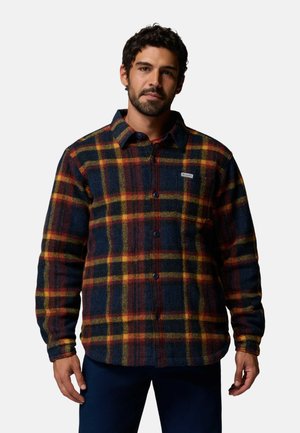 Homme portant une chemise à carreaux foncée avec des rayures jaunes, rouges et bleu marine, debout devant un fond blanc uni.