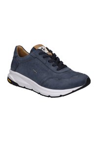 Sneaker in pelle blu navy con superficie liscia, suola intermedia bianca e suola in gomma. Presenta dettagli neri e design con lacci.