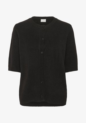 Cardigan noir à manches courtes en tissu tricoté doux, présentant un col rond, une fermeture à boutons et un ourlet côtelé pour plus de texture.