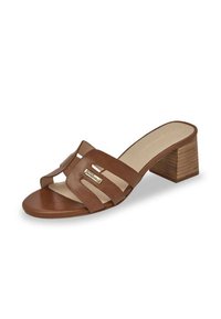 Brown leather slide sandal with a low wooden block heel, featuring three cutout straps across the vamp and a smooth, rounded toe.