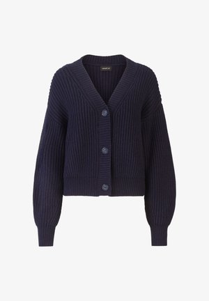 Marineblaue gerippte Strickjacke mit V-Ausschnitt, Knopfleiste und übergroßen Ärmeln. Hergestellt aus strukturiertem Strickstoff. Verfügt über vier kontrastierende Knöpfe.