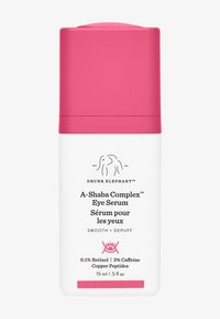 White cylindrical bottle with a pink cap. Features brand logo and product name in black text. Contains 15 ml of eye serum with key ingredients listed.