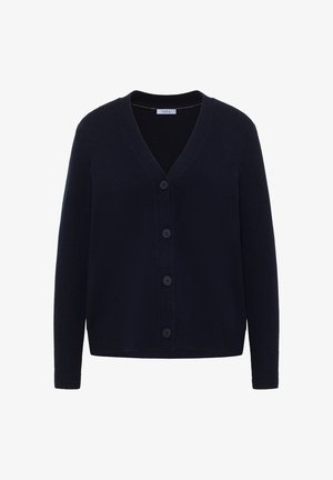 Marineblauer Cardigan aus weichem Stoff, mit V-Ausschnitt, langen Ärmeln und sechs vorderen Knöpfen sowie geripptem Saum und Bündchen.
