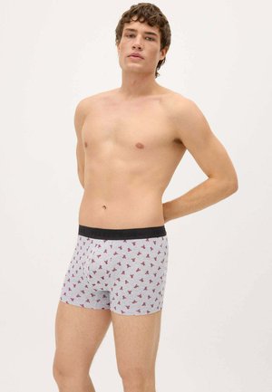 Joven de pie con las manos detrás de la espalda, vistiendo calzoncillos bóxer grises con pequeños patrones de hojas rojas y una pretina negra.