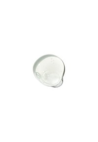 Goccia chiara simile a un gel con forma arrotondata, caratterizzata da piccole bolle d'aria. Textura liscia, riflettanza minima su uno sfondo bianco.