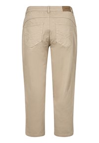 Beige Crop-Hosen aus glattem, leichtem Material. Mit aufwendigen Nähten an den Gesäßtaschen und einem kleinen Markenlabel am Bund.