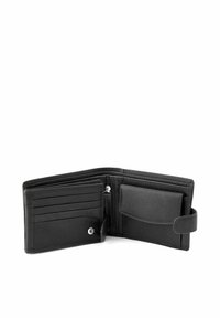 Black leather wallet featuring multiple card slots, a zippered compartment, and a snap closure. Smooth texture with a sleek, compact design.