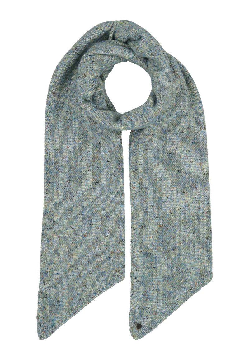 Bufanda de punto azul claro con motas multicolores, dispuesta en forma de círculo con extremos puntiagudos, sobre un fondo blanco.