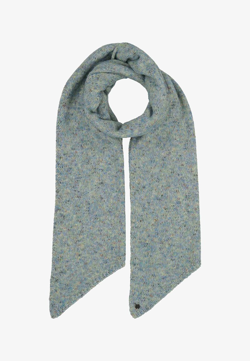 Sciarpa lavorata a maglia blu chiaro con macchie multicolori, annodata a cerchio con estremità appuntite, presentata su sfondo bianco.