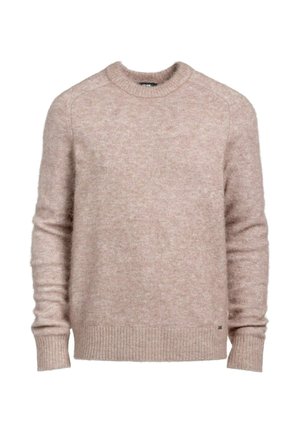 Jasno beżowy sweter wykonany z miękkiego dzianiny, z okrągłym dekoltem, prążkowanymi mankietami i dołem oraz luźnym krojem. Brak widocznych wzorów.