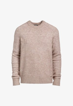 Jasno beżowy sweter wykonany z miękkiego dzianiny, z okrągłym dekoltem, prążkowanymi mankietami i dołem oraz luźnym krojem. Brak widocznych wzorów.