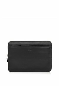 Czarna skórzana etui na laptopa z fakturowanym wykończeniem, z górnym zamknięciem na zamek błyskawiczny i przednią kieszenią. Prosty, prostokątny design.