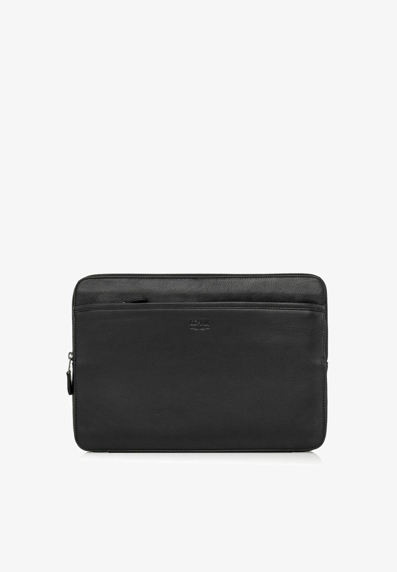 Czarna skórzana etui na laptopa z fakturowanym wykończeniem, z górnym zamknięciem na zamek błyskawiczny i przednią kieszenią. Prosty, prostokątny design.