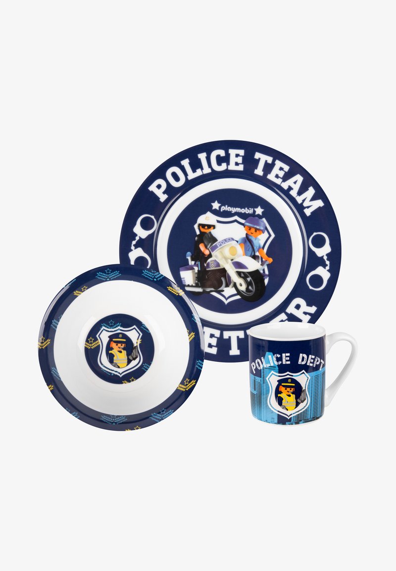 Children's dish set with police-themed designs, including a plate with two officers on a motorcycle, a bowl, and a mug with a police badge.