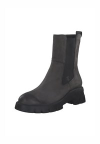 Šedá kožená kotníková bota s nízkým robustním podpatkem, elastickými bočními panely a texturovaným povrchem. Má zpevněnou špičku.