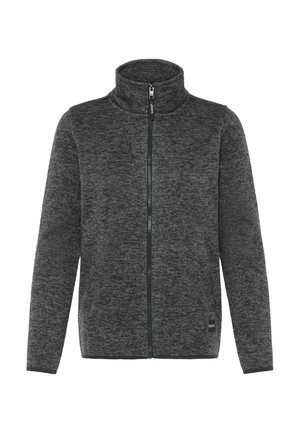 Giacca in pile grigia con zip, colletto alto e maniche lunghe, caratterizzata da un motivo a maglia testurizzata e un logo ricamato sull'orlo.