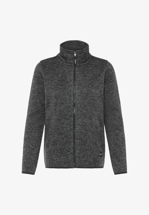 Harmaa vetoketjullinen fleecetakki, jossa on korkea kaulus ja pitkät hihat. Takissa on teksturoitu neulekuvio ja brodeerattu logo helman kohdalla.