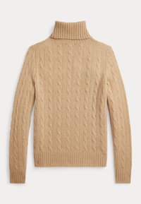 Beigen värinen kaapelikuvioinen pooloneule, jossa resorit hihansuissa ja helmassa. Valmistettu pehmeästä materiaalista, jossa kohokuvioitu, korotettu kaapelikuosi kauttaaltaan.