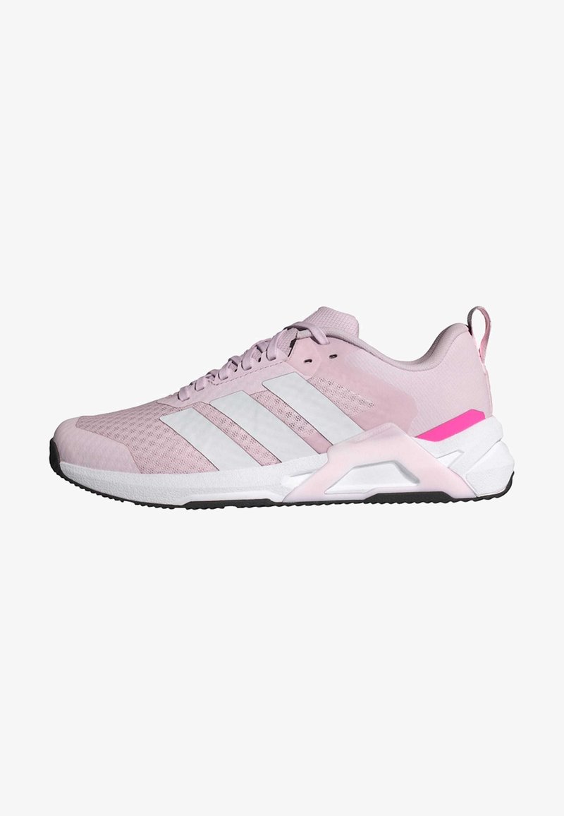 Light pink athletic shoe with mesh and suede materials, featuring white three-stripe branding, textured accents, and a black rubber sole.