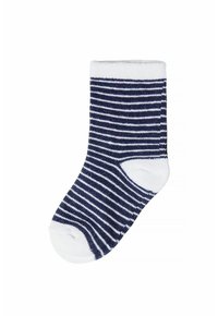 Skarpetki w kolorze granatowym i białe w paski z prążkowanym mankietem i gładkim białym piętem, wykonane z miękkiego materiału. Idealne do codziennego noszenia.