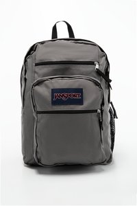 Sac à dos gris avec deux poches avant zippées, une poche latérale en mesh et une poignée de transport supérieure. Il comporte un patch logo bien en vue.