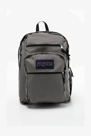 Grauem Rucksack mit zwei Reißverschluss-Vordertaschen, einer seitlichen Netztasche und einem Traggriff oben. Verfügt über ein auffälliges Logo-Patch.
