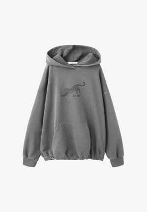 Siva kapuca z zatezno vrvico, sprednjim žepom in elastičnim robom. Na njej je črni motiv tekaškega leoparda v skoku z napisom "running wild".