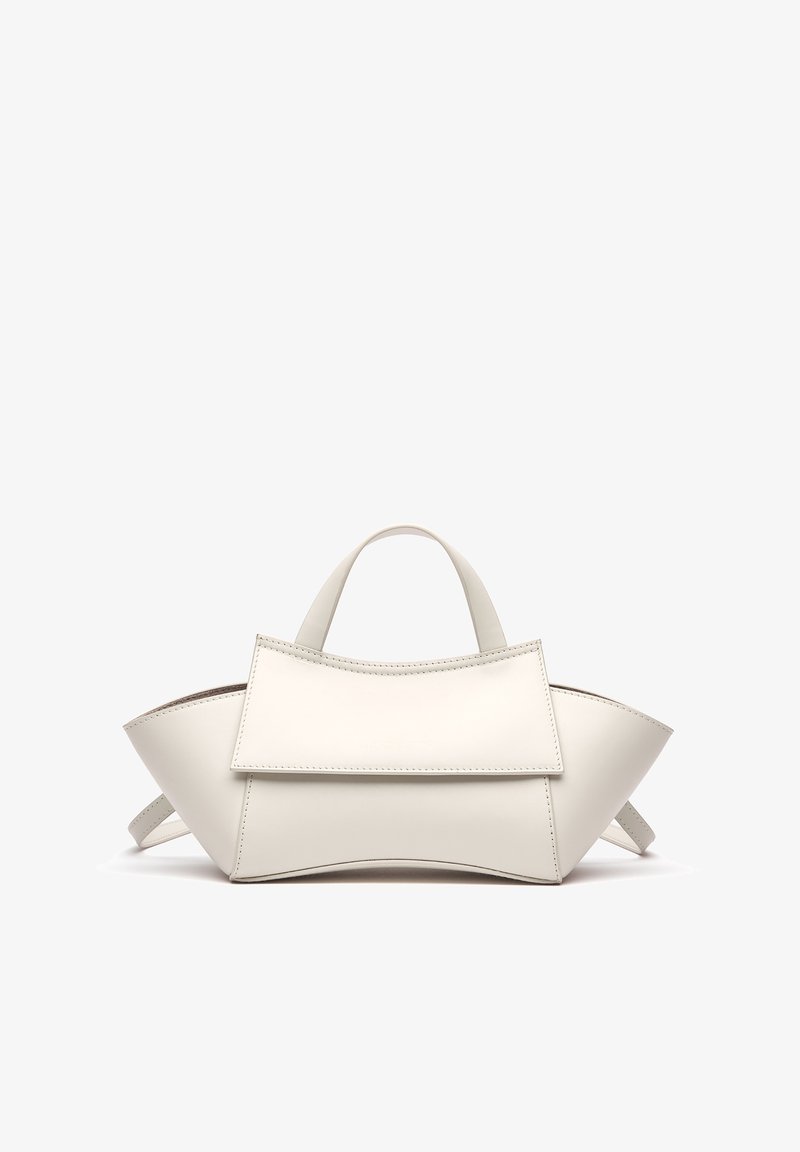 Off-white structured handbag with a large front flap, top handle, and wide sides tapering outward.