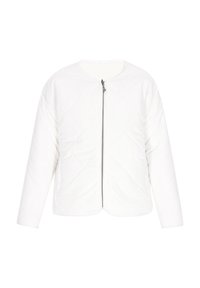 Gepolsterte weiße Daunenjacke mit rundem Ausschnitt, langen Ärmeln und einem Reißverschluss auf der Vorderseite mit einem grauen Zugtab.